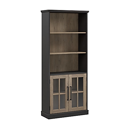 Bush Furniture Westbrook 5-Shelf Bookcase With Glass Doors, Vintage Black/Restored Tan Hickory, Standard Delivery