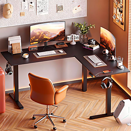 Bestier 63"W Electric Adjustable-Height L-Shaped Standing Desk, Black