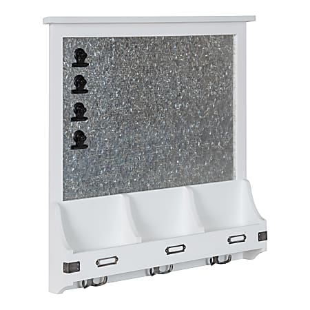 Kate and Laurel Stallard Framed Magnetic Board With Hooks, 24” x 4” x 24”, Silver, White Wood Frame