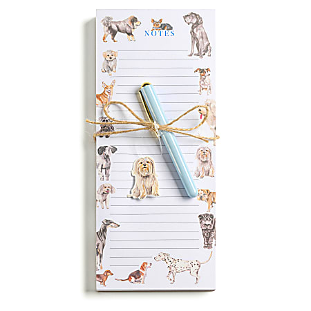 Eccolo List Pad With Pen, 4" x 10", 100 Sheets, Gray/Blue Dogs