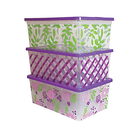 Office Depot® Brand In Mold Label Plastic Storage Containers, 16 3/4" x 11" x 6 1/2", Floral Design, Case Of 3