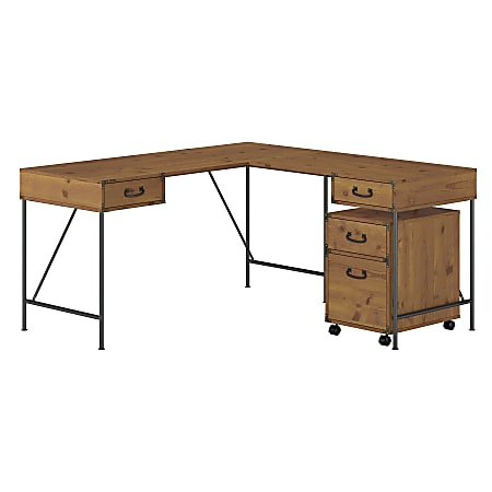 kathy ireland® Home by Bush Business Furniture Ironworks 60"W L-Shaped Corner Desk With 2-Drawer Mobile File Cabinet, Vintage Golden Pine, Standard Delivery