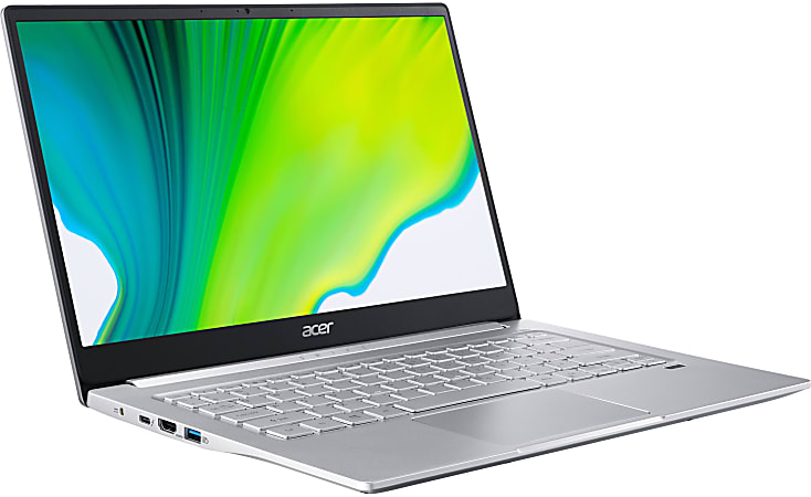 A silver and black 14-inch Acer Swift 3 Laptop featuring a green, blue, and white screensaver with a Microsoft popup menu