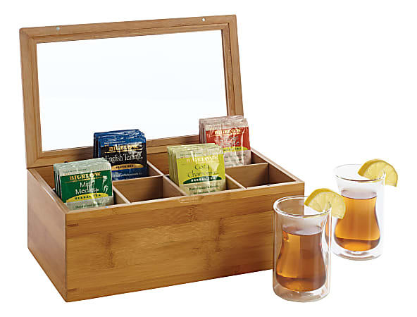 Oceanstar Bamboo Tea Box With 2 Double-Walled Glasses Set, Tan/Clear