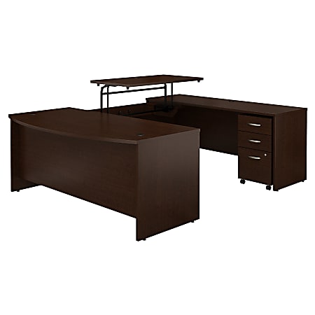 Bush Business Furniture Components 72"W 3 Position Sit to Stand Bow Front U Shaped Desk with Mobile File Cabinet, Mocha Cherry, Premium Installation