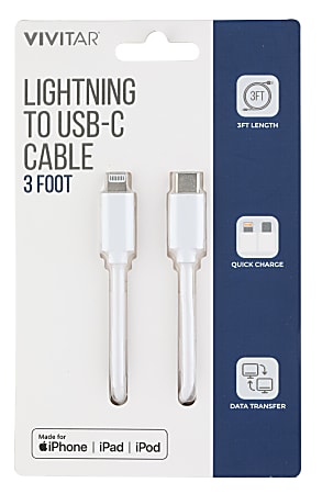 Vivitar Lightning To USB-C Cable, 3&#x27;, White,