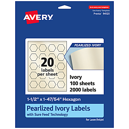 Avery® Pearlized Permanent Labels With Sure Feed®, 94120-PIP100, Hexagon, 1-1/2" x 1-47/54", Ivory, Pack Of 2,000 Labels