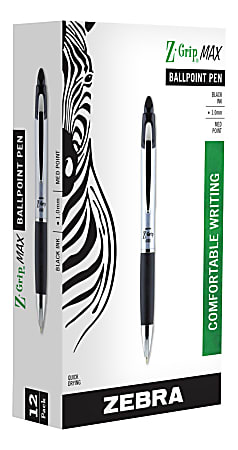 Zebra® Pen Z-Grip® Max Retractable Ballpoint Pens, Pack Of 12, Medium Point, 1.0 mm, Silver Barrel, Black Ink