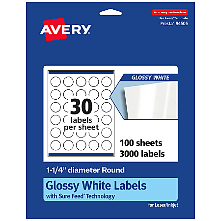 Avery® Glossy Permanent Labels With Sure Feed®, 94505-WGP100, Round, 1-1/4" Diameter, White, Pack Of 3,000