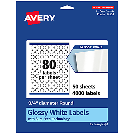 Avery® Glossy Permanent Labels With Sure Feed®, 94504-WGP50, Round, 3/4" Diameter, White, Pack Of 4,000