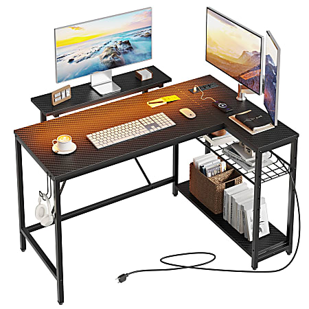 Bestier 48"W L-Shaped LED Gaming Computer Desk With Power Outlet & Headset Hook, Carbon Fiber Black