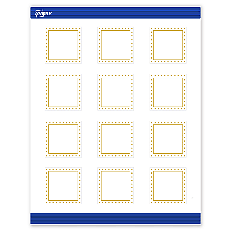 Avery® Print-To-The-Edge Cards With Sure Feed®, S00-DJ2-PRMWC10, 2" x 2", Matte White, Preprinted Gold Border with Gold Dots Design, Pack Of 120
