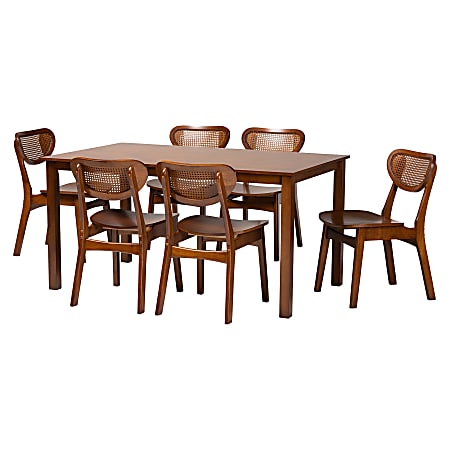 Baxton Studio Jeriah Mid-Century Modern Wood and Woven Rattan 7-Piece Dining Set, Walnut/Brown