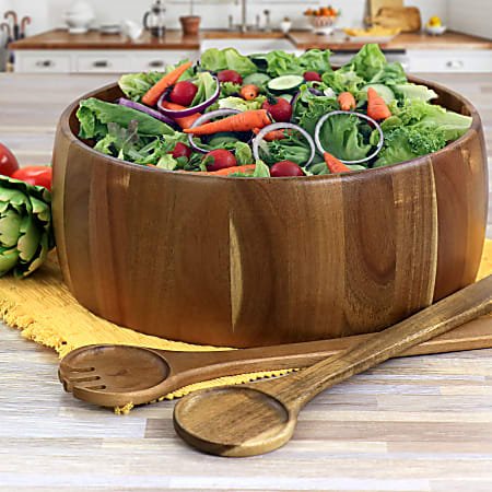 Gibson Elite 3 Piece Acacia Wood Salad Bowl And Spoon Set Brown