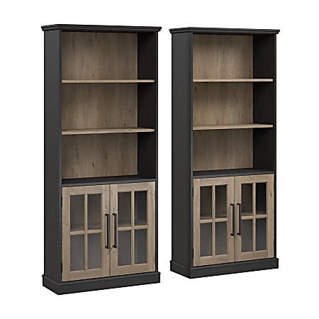 Bush Furniture Westbrook 5-Shelf Bookcases With Glass Doors, Vintage Black/Restored Tan Hickory, Standard Delivery, Set Of 2 Bookcases
