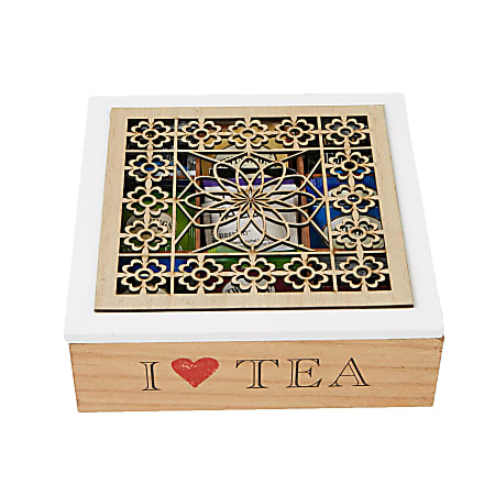 Mind Reader Tea Box Storage Holder, 9 1/2"H x 9 1/4"W x 3 3/16"D, Wood Floral