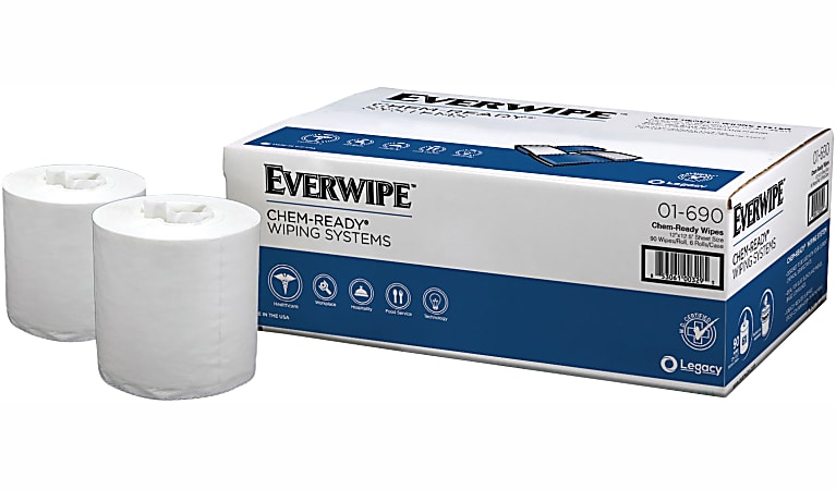 Everwipe Chem-Ready Dry Wipes, 12", White, 90 Wipes Per Roll, Pack Of 6 Rolls