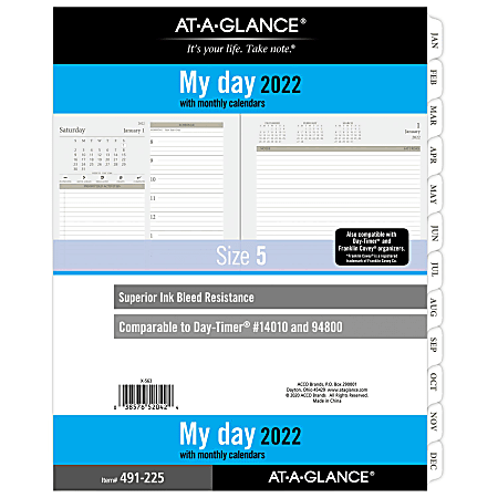 AT-A-GLANCE® Daily Planner Calendar Refill, Letter-Size, White, January To December 2022, 491-225