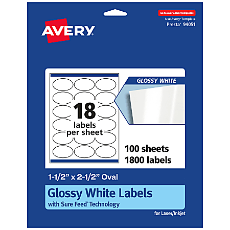 Avery® Glossy Permanent Labels With Sure Feed®, 94051-WGP100, Oval, 1-1/2" x 2-1/2", White, Pack Of 1,800