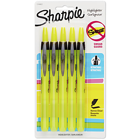 Sharpie® Accent® Retractable Highlighters, Fluorescent Yellow, Pack Of 5