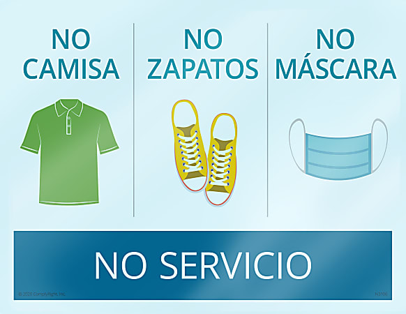 ComplyRight™ No Shirt/No Shoes/No Mask/No Service Window Cling, Spanish, 8 1/2" x 11"