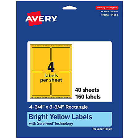 Avery® Print-To-The-Edge Labels With Sure Feed® Technology And Easy Peel®, 94254-BYP40, Rectangle, 4-3/4" x 3-3/4", Matte Bright Yellow, Pack of 160