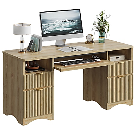 Bestier 60"W Executive Computer Desk With Keyboard Tray And 4 Storage Drawers, Natural