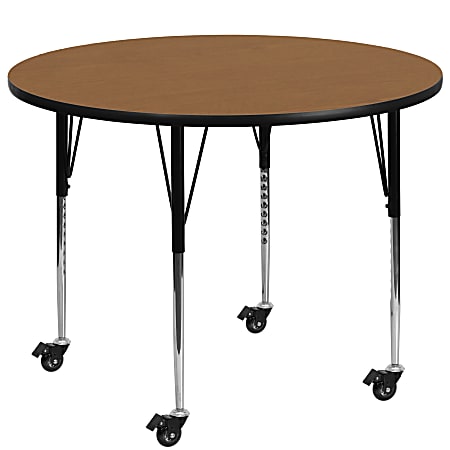 Flash Furniture Mobile Round Thermal Laminate Activity Table With Standard Height-Adjustable Legs, 42", Oak