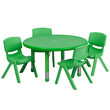 Flash Furniture Round Plastic Height-Adjustable Activity Table Set With 4 Chairs, 23-3/4" x 33", Green