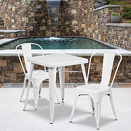 Flash Furniture Square Metal Indoor-Outdoor Table Set With 2 Stack Chairs, 29"H x 27-3/4"W x 27-3/4"D, White