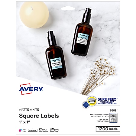 Avery® Printable Labels With Sure Feed®, Square, 1" x 1", Matte White, Pack Of 1200