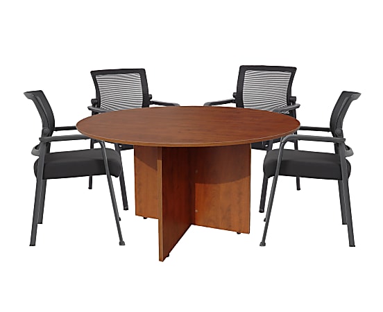 Boss Office Products 47" Round Table And Mesh Guest Chairs Set, Cherry/Black