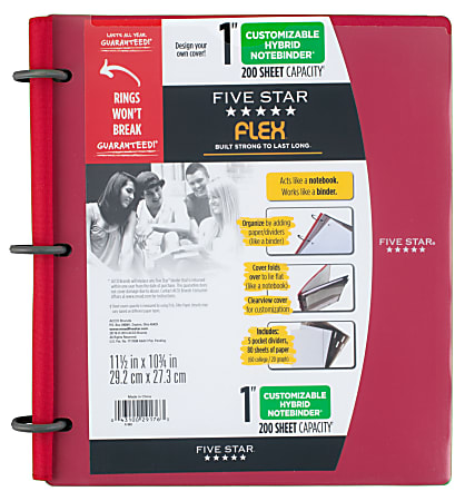Five Star® Flex® Hybrid NoteBinder® With Customizable Cover, 1" Round Rings, Assorted Colors