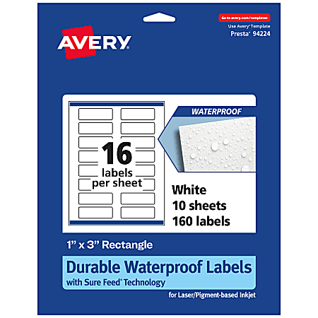 Avery® Waterproof Permanent Labels With Sure Feed®, 94224-WMF10, Rectangle, 1" x 3", White, Pack Of 160