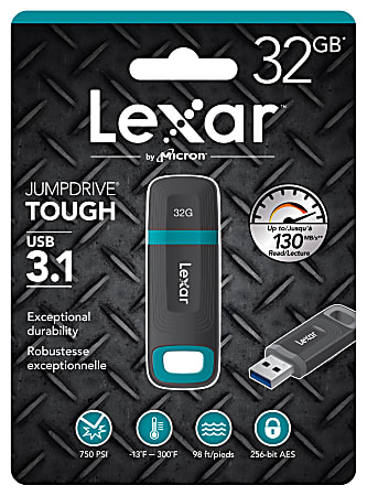 Lexar® JumpDrive® Tough USB 3.1 Flash Drive, 32GB, Black/Teal, LJDTD-32GABNL