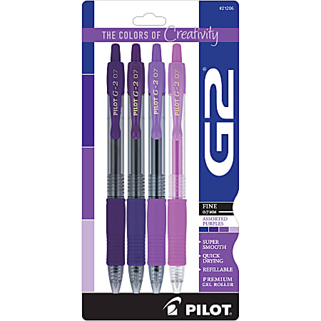 Pilot G2 Gel Pen, Fine Point, 0.7mm, Transparent barrel, Assorted purple inks, Pack of 4 pens