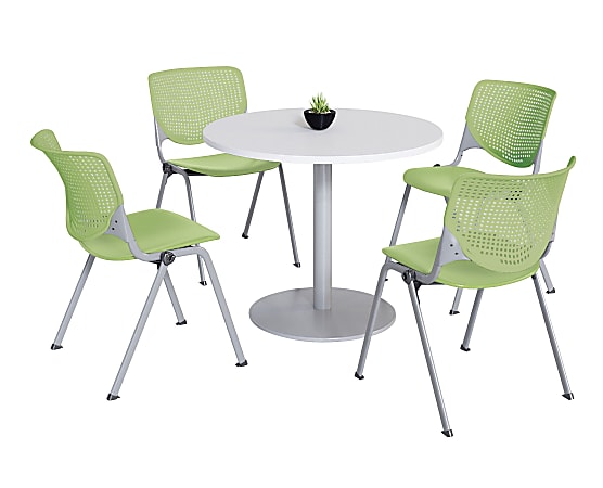 KFI Studios KOOL Round Pedestal Table With 4 Stacking Chairs, White/Lime Green