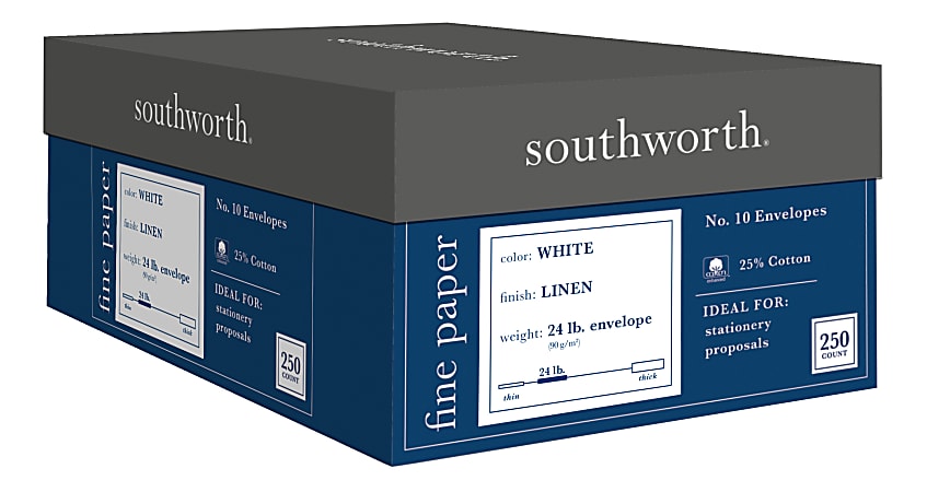 Southworth® #10 Business Envelopes, 25% Cotton Linen, Gummed Seal, FSC Certified, 55% Recycled, 24 Lb, White, Box Of 250