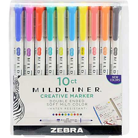 Zebra Pen Mildliner Double-ended Assorted Highlighter Set 10PK - Fine Marker Point - Chisel, Bullet Marker Point Style - Assorted - White Barrel - 10 / Pack