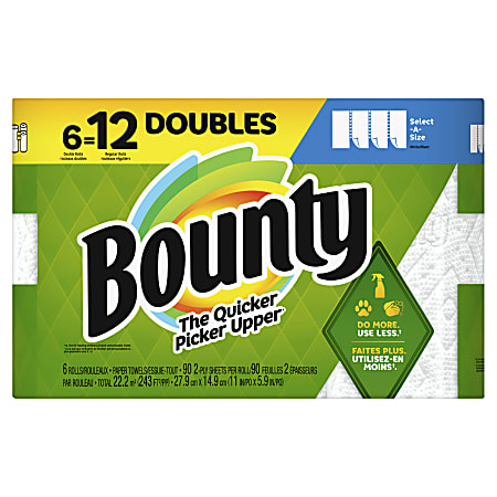 Bounty Select-A-Size 2-Ply Paper Towels, Double Rolls, 6" x 11", White, 90 Sheets Per Roll, Pack Of 6 Rolls