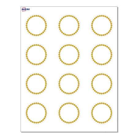Avery® Print-To-The-Edge Cards With Sure Feed® Technology, S00-D1K-PRMWC10, Round, 2", Matte White, Preprinted Gold Beads Design, Pack Of 120