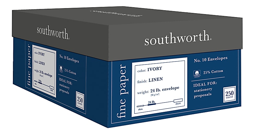 Southworth® #10 Business Envelopes, 25% Cotton Linen, Gummed Seal, FSC Certified, 55% Recycled, 24 Lb, Ivory, Box Of 250