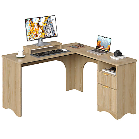 Bestier 56"W Modern L-Shaped Corner Computer Desk With Filing Drawer, Natural Oak