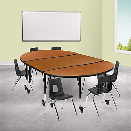 Flash Furniture Mobile 76" Oval Wave Flexible Laminate Activity Table Set With 12" Student Stack Chairs, Oak