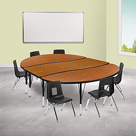 Flash Furniture 86" Oval Wave Flexible Laminate Activity Table Set With 12" Student Stack Chairs, Oak