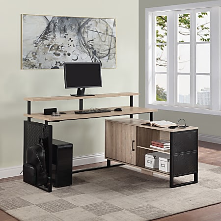 Office Star Ace 60"W L-Shaped Corner Desk, River Oak/Matte Black
