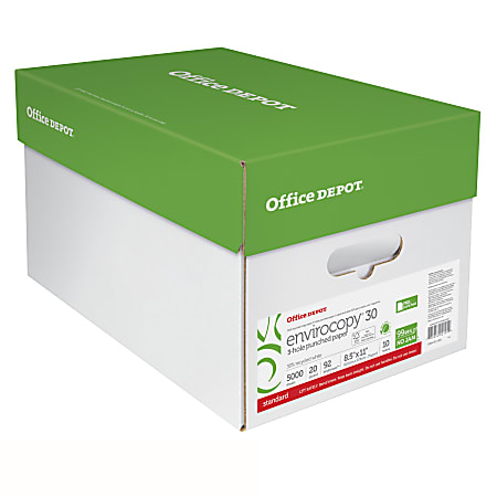 Office Depot® EnviroCopy® 3-Hole Punched Copy Paper, White, Letter (8.5" x 11"), 5000 Sheets Per Case, 20 Lb, 30% Recycled, FSC® Certified, Case Of 10 Reams