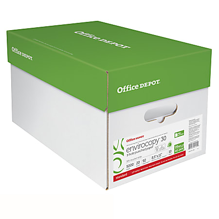 Office Depot® EnviroCopy® 3-Hole Punched Copy Paper, 10 Reams, White, Letter (8.5" x 11"), 5000 Sheets Per Case, 20 Lb, 30% Recycled, FSC® Certified