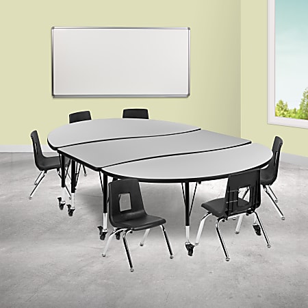Flash Furniture Mobile 86" Oval Wave Flexible Laminate Activity Table Set With 12" Student Stack Chairs, Gray