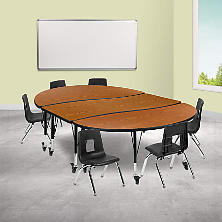 Flash Furniture Mobile 86" Oval Wave Flexible Laminate Activity Table Set With 12" Student Stack Chairs, Oak